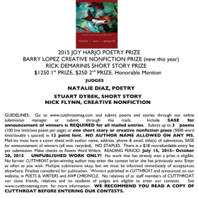Cutthroat Prizes for Poetry, Creative Nonfiction, Fiction — Deadline October 20!