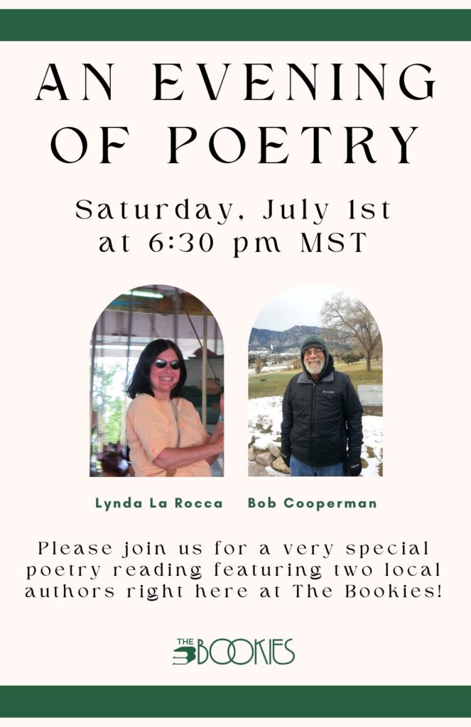 Poster for a poetry reading by Lynda La Rocca and Bob Cooperman on Saturday, July 1st, at The Bookies Bookstore