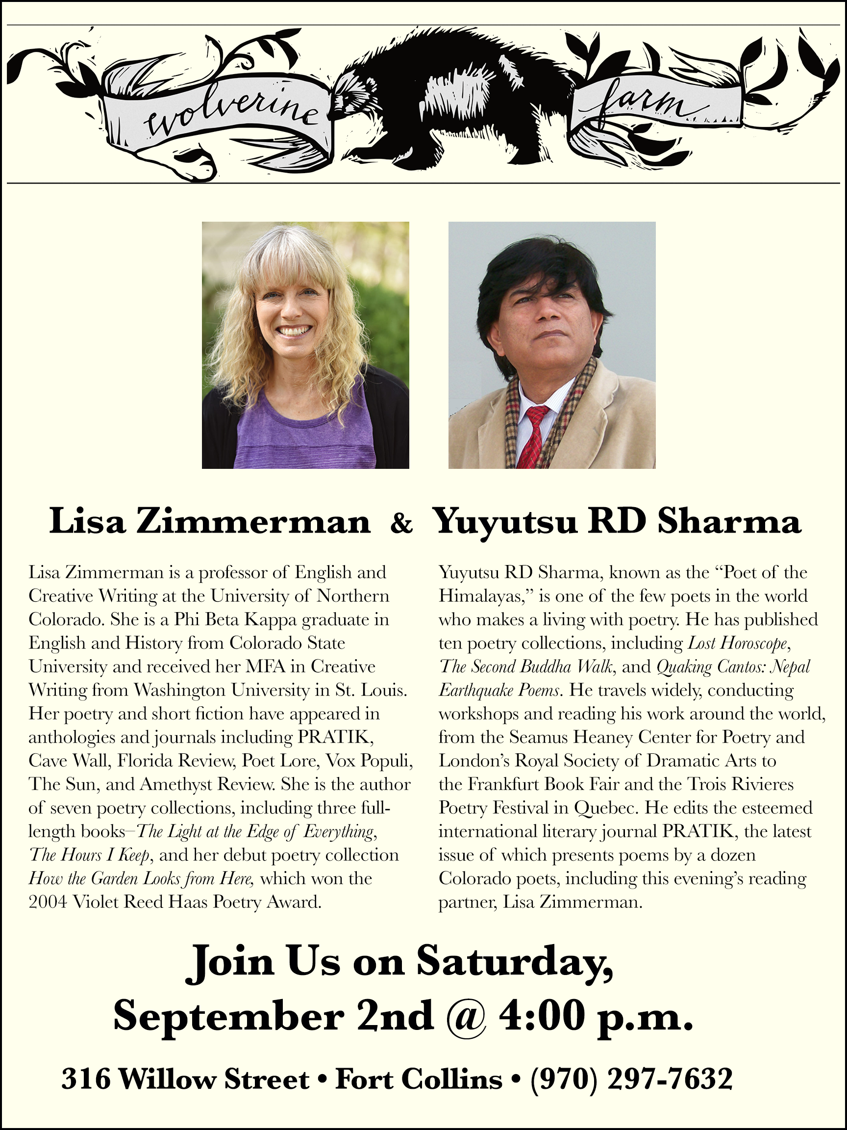 Yuyutsu Sharma and Lisa Zimmerman at Wolverine Farm in Fort Collins on 9-2-2023